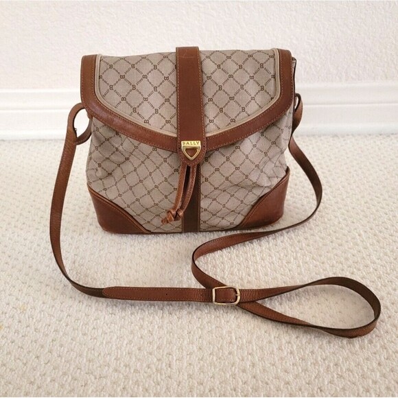 Bally Handbags - Vintage Bally Logo Canvas Print & Brown Leather handbag shoulder bag ITALY